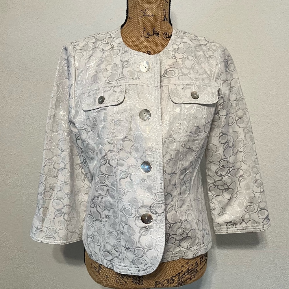 White and silver button up jacket size 8